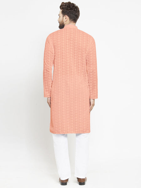 Salmon Pink Chikankari Lucknowi Jaal Embroidered Kurta with Aligarh Pajama by Luxury at Less