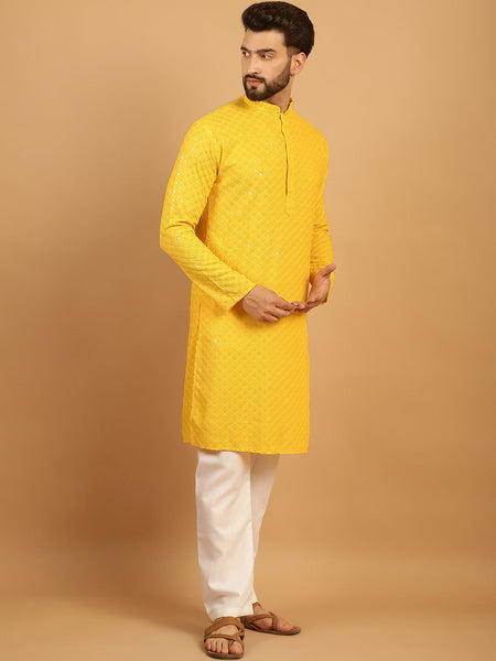 Embellished Sequinned Chikankari Embroidered Yellow Kurta Pajama Set by Luxury at Less