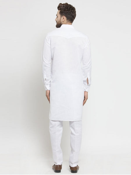 Designer White Pathani Lenin Kurta With Pants for a Royal Look By Luxury at Less