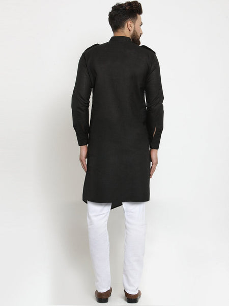 Black Kurta With Aligarh Pajama Set in Linen For Men by Luxury at Less