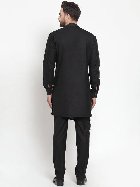 Designer Black Kurta With Aligarh Pajama Set in Linen For Men by Luxury at Less