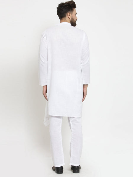 White Kurta With Aligarh Pajama Set in Linen For Men by Luxury at Less