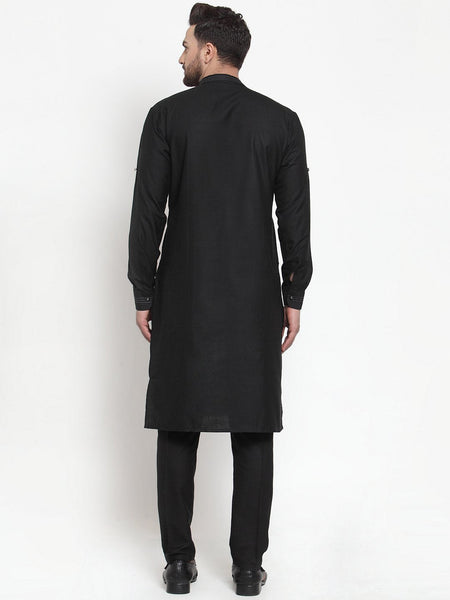 Designer Black Kurta With Aligarh Pajama Set in Linen For Men by Luxury at Less