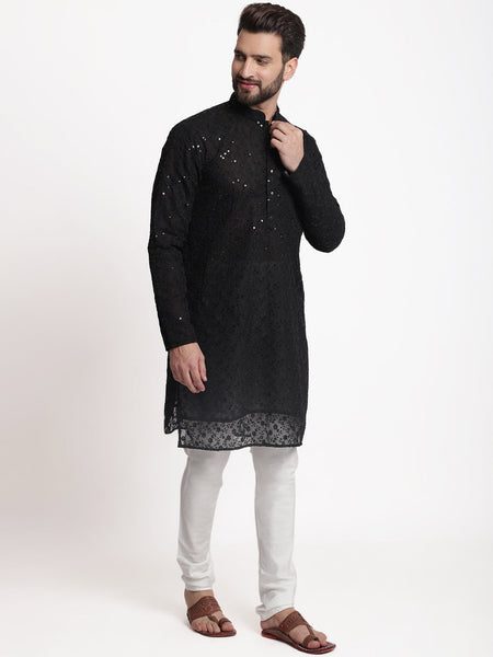 Black Chikankari Floral Embroidery Kurta With Churidar Pajama by Luxury at Less