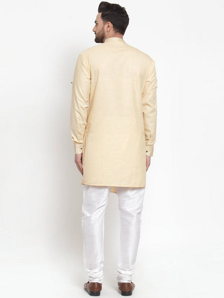 Designer Beige Kurta With Churidar Pajama Set in Linen For Men by Luxury at Less