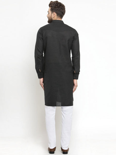 Designer Black Pathani Lenin Kurta with White Aligarh Pajama by Luxury at Less