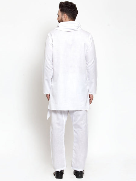 White Kurta With Aligarh Pajama in Linen For Men by Luxury at Less