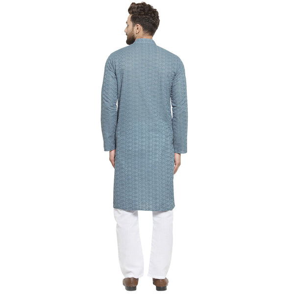 Light Grey Cotton Chikankari Lucknowi Jaal Embroidered Kurta with Aligarh Pajama For Men  by Luxury at Less