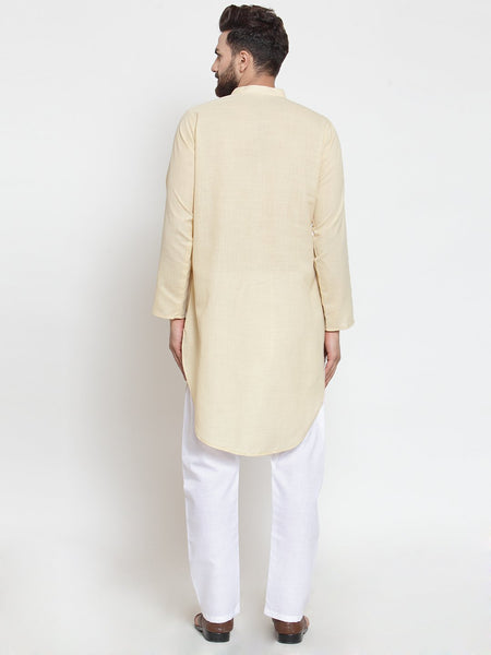 Beige Kurta With Aligarh Pajama Set in Linen For Men by Luxury at Less