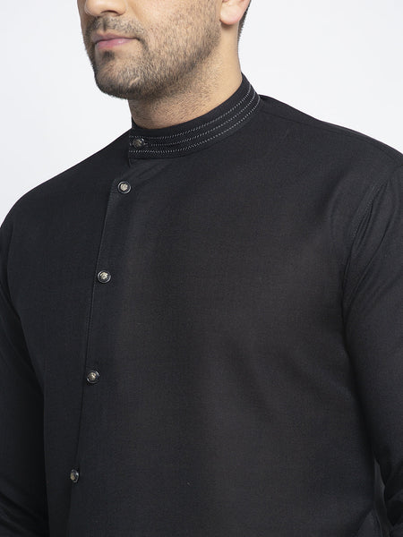 Designer Black Linen Kurta With Aligarh Pajama Set For Men By Luxury at Less