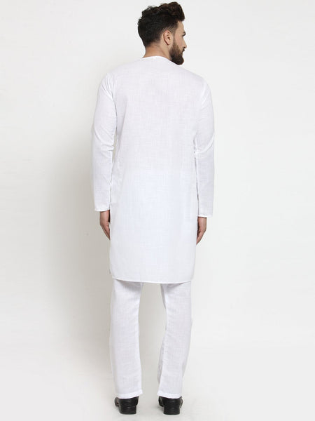 White Kurta With Aligarh Pajama Set in Linen For Men by Luxury at Less