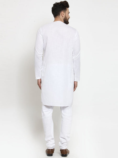 White Kurta With Churidar Pajama Set in Linen for men by Luxury at Less