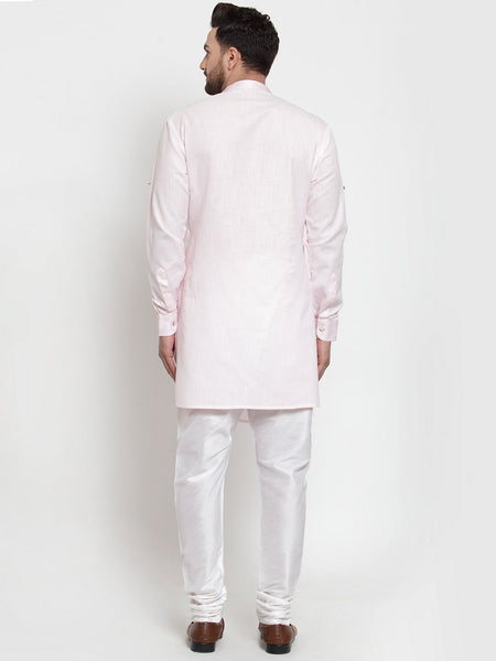 Designer Pink Kurta With Churidar Pajama Set in Linen For Men by Luxury at Less