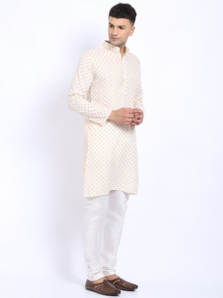 Printed Cream Cotton Kurta with Churidar Pajama by Luxury at Less