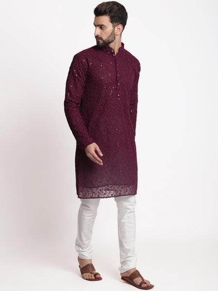 Wine Chikankari Floral Embroidery Kurta With Churidar Pajama by Luxury at Less