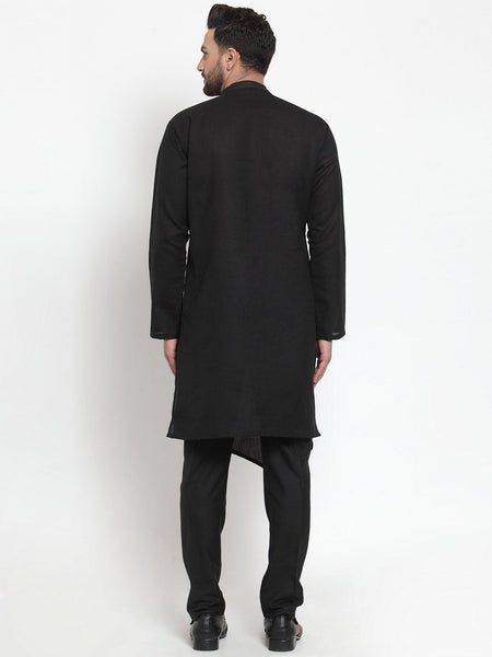 Designer Black Kurta With Aligarh Pajama Set in Linen For Men by Luxury at Less