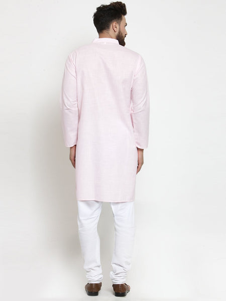 Pink Kurta With Churidar Pajama Set in Linen For Men by Luxury at Less