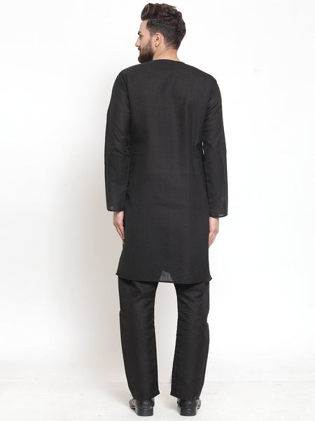 Black Kurta With Aligarh Pajama Set in Linen For Men by Luxury at Less