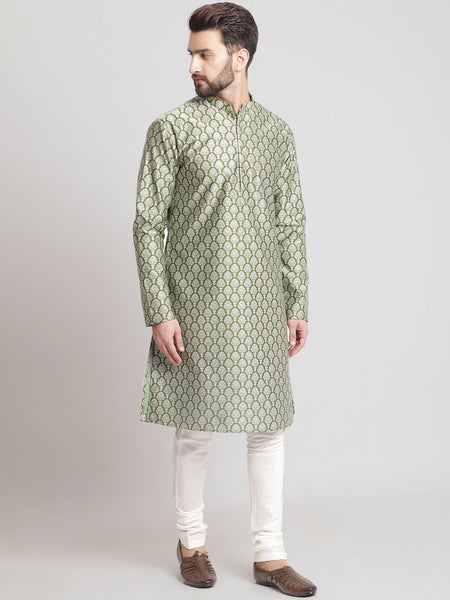 Designer Golden Green Brocade Silk Kurta With Churidar Pajama By Luxury at Less