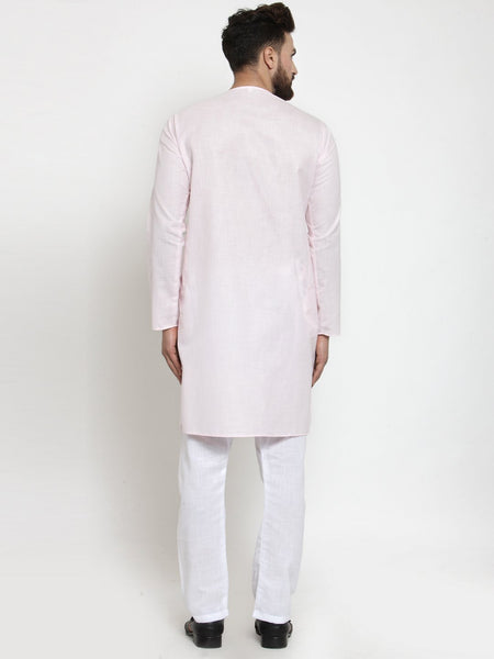 Designer Full Sleeve Pink Kurta With Aligarh Pajama Set in Linen For Men by Luxury at Less