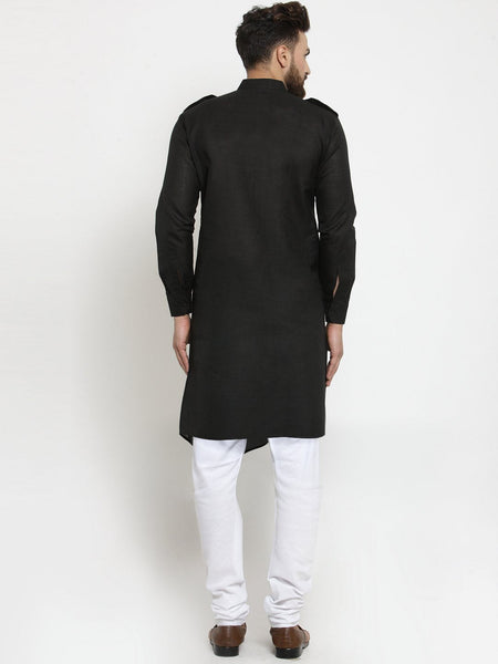 Black Kurta With Churidar Pajama in Linen For Men by Luxury at Less