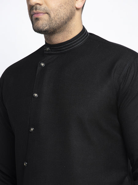 Designer Black Linen Kurta With Churidar Pajama Set For Men By Luxury at Less