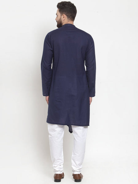 Designer Navy blue Kurta With Churidar Pajama Set in Linen for men by Luxury at Less