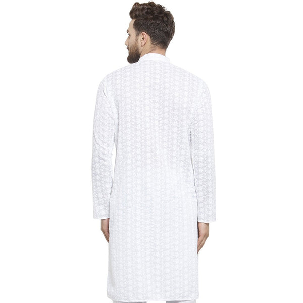 White Cotton Chikankari Lucknowi Jaal Embroidered Kurta By Luxury at Less