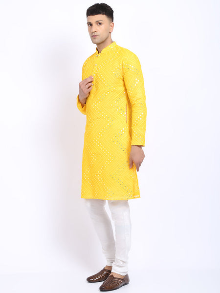 Yellow Georgette Mirror Work Embroidered Kurta with Churidar Pajama by Luxury at Less