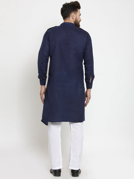 Navy Blue Kurta With Aligarh Pajama Set in Linen For Men by Luxury at Less