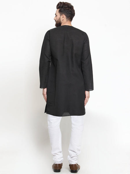 Designer Black Kurta With Churidar Pajama Set in Linen For Men by Luxury at Less