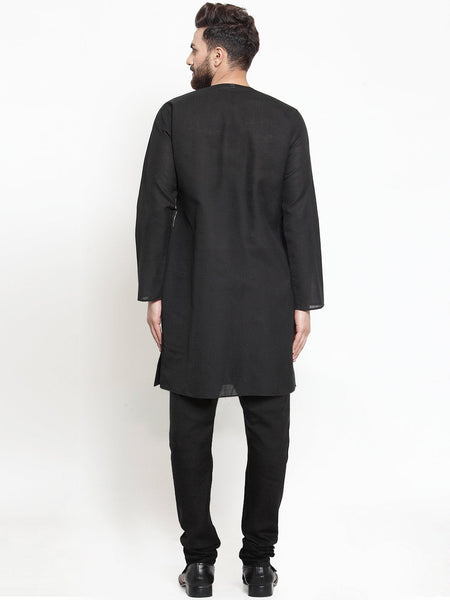 Black Kurta With Churidar Pajama Set in Linen For Men by Luxury at Less