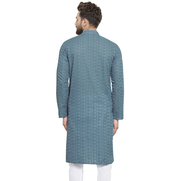 Grey Cotton Chikankari Lucknowi Jaal Embroidered Kurta By Luxury at Less