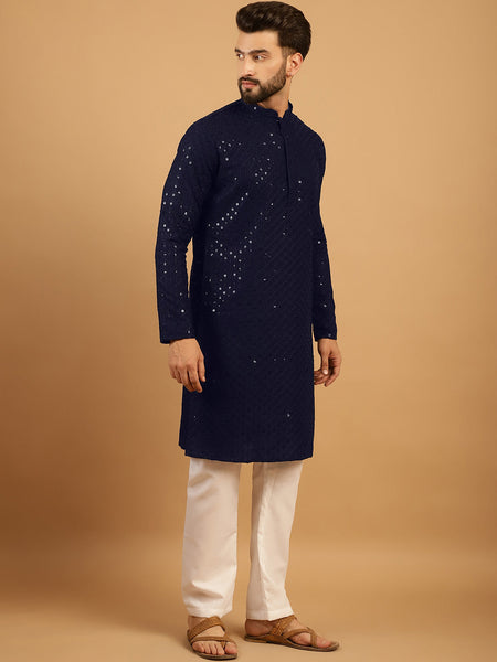 Embellished Sequinned Chikankari Embroidered Navy Blue Kurta Pajama Set by Luxury at Less