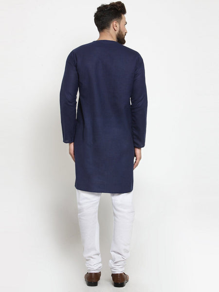 Navy Blue Kurta With Churidar Pajama Set in Linen For Men by Luxury at Less