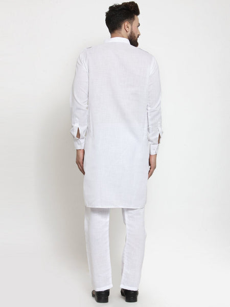 White Kurta With Aligarh Pajama Set in Linen For Men by Luxury at Less