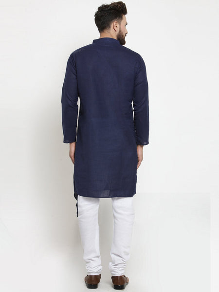 Navy Blue Kurta With Churidar Pajama Set in Linen For Men by Luxury at Less