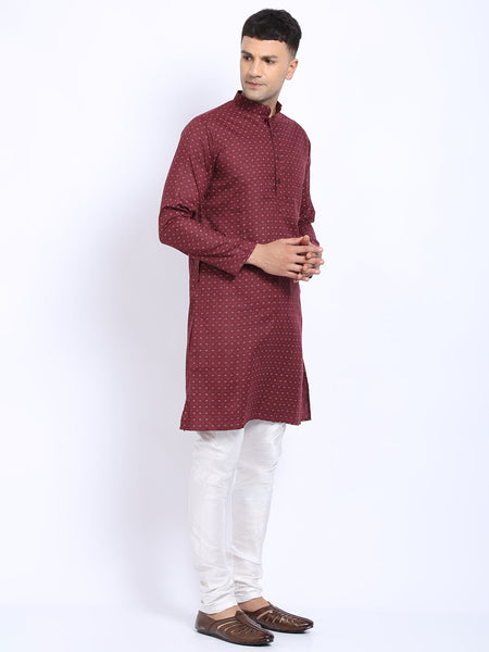 Printed Maroon Cotton Kurta with Churidar Pajama by Luxury at Less