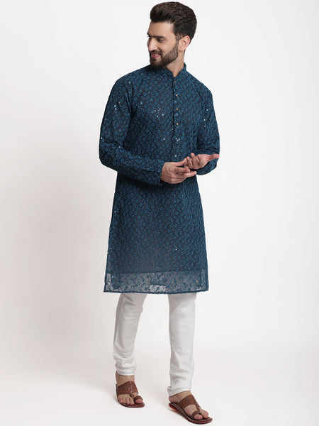 Blue Chikankari Floral Embroidery Kurta With Churidar Pajama by Luxury at Less