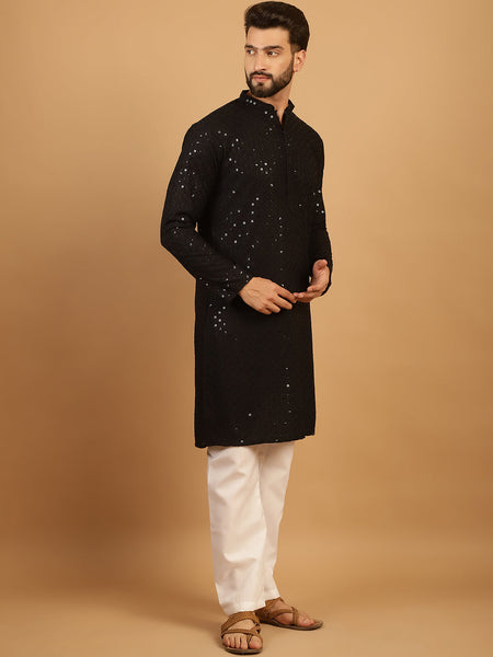 Embellished Sequinned Chikankari Embroidered Black Kurta Pajama Set by Luxury at Less