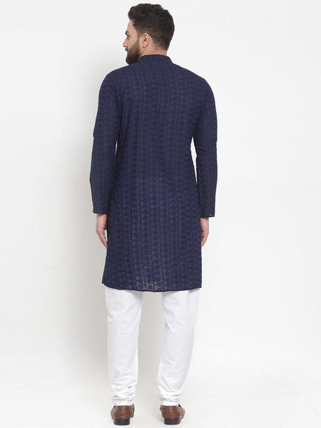 Navy Blue Cotton Chikankari Lucknowi Jaal Embroidered Kurta with Churidar Pajama For Men Luxury at Less