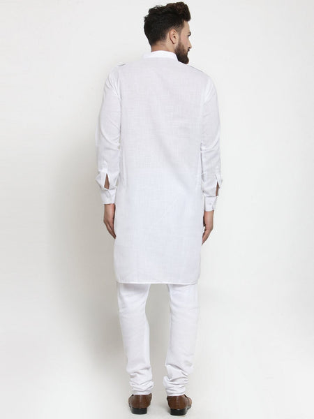 White Kurta with Churidar Pajama Set in Linen For Men by Luxury at Less