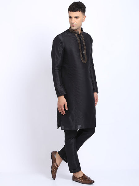 Embellished Black Brocade Kurta with Aligarh Pajama by Luxury at Less