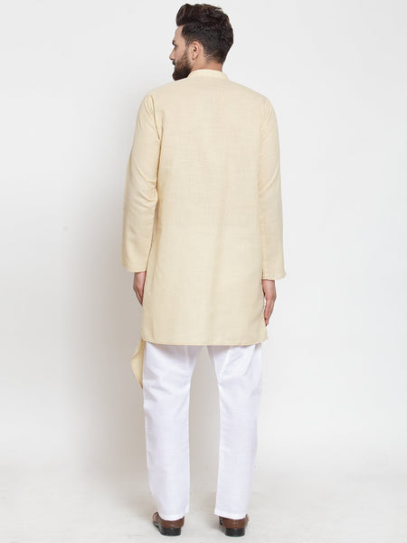 Beige Kurta With Aligarh Pajama Set in Linen For Men by Luxury at Less