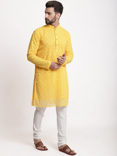 Yellow Chikankari Floral Embroidery Kurta With Churidar Pajama by Luxury at Less