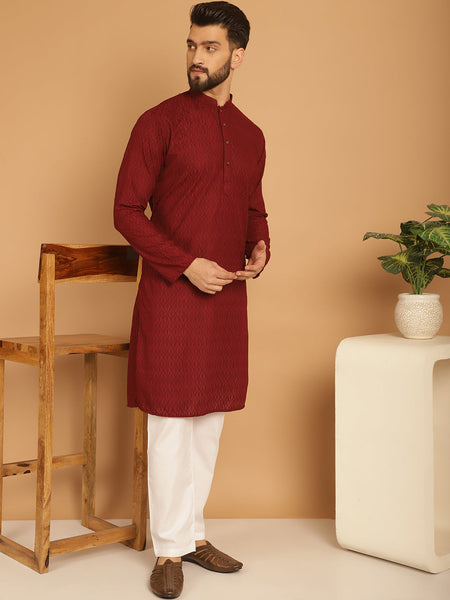 Designer Maroon Chikankari Embroidered Kurta Pajama Set by Luxury at Less