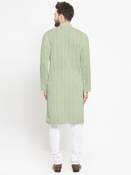 Pista Green Cotton Chikankari Lucknowi Jaal Embroidered Kurta with Churidar Pajama For Men by Luxury at Less