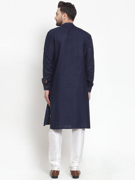 Designer Navy Blue Kurta With Churidar Pajama in Linen for Men by Luxury at Less