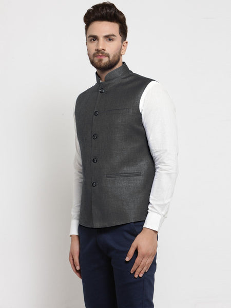 Men Grey Solid Nehru Jacket By Luxury at Less