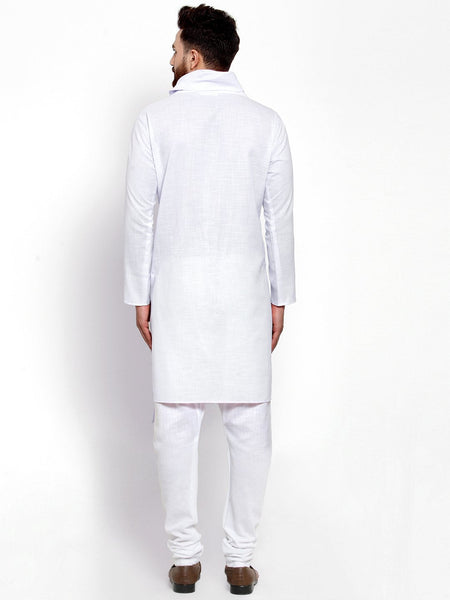 White Kurta With Churidar Pajama Set in Linen For Men by Luxury at Less